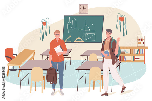 School web concept. Students learns at math lesson at classroom. Teenage classmates study in college. Science and education. People scenes template. Vector illustration of characters in flat design