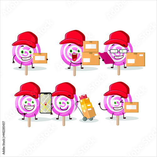 Cartoon character design of lolipop spiral working as a courier. Vector illustration