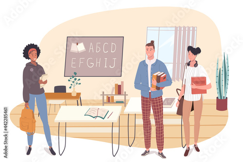 School web concept. Students learn at language course at classroom. Multiracial teenage classmates study in college together. People scenes template. Vector illustration of characters in flat design