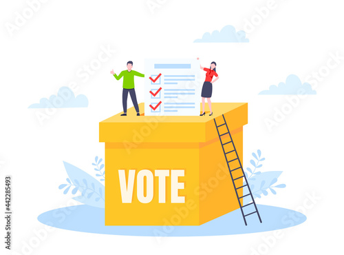 Online voting concept flat style design vector illustration. Tiny people with voting poll online survey working together. Concept of electronic voting modern system political competition and election.