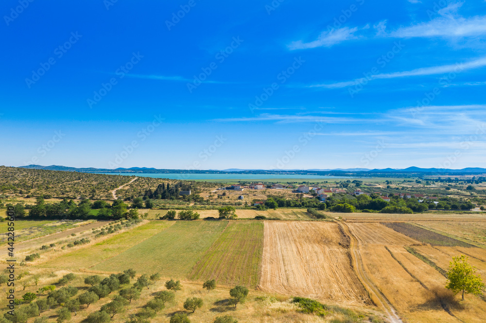 Aerial view of Vransko lake and agriculture fields, Dalmatia, Croatia