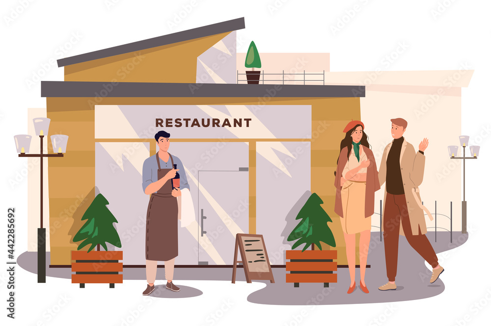 Restaurant building web concept. Couple going to dinner in cafe, waiter