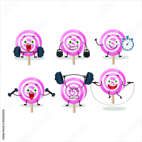 A healthy lolipop spiral cartoon style trying some tools on Fitness center. Vector illustration