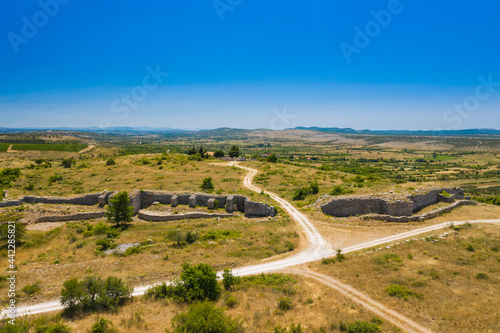 Aerial view of ancient Asseria ruins in Dalmatian Zagora in Croatia