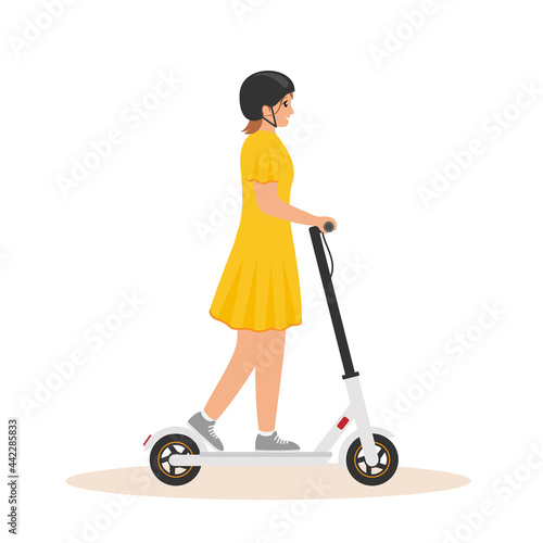 Smiling young woman in bright yellow dress and helmet riding an electric scooter. Modern urban vehicles. Cartoon vector illustration