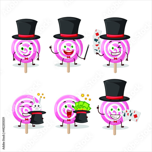 A lolipop spiral Magician cartoon character perform on a stage. Vector illustration