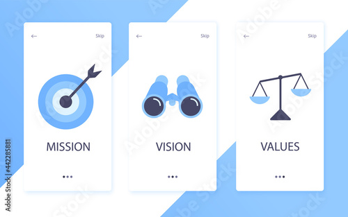 Mission, vision and values flat style design icons signs web concepts vector illustration set isolated on white background. Web page template concepts for business company strategy and teamwork plan.
