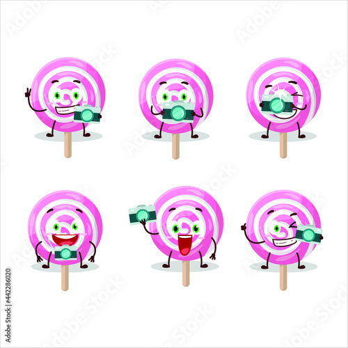 Photographer profession emoticon with lolipop spiral cartoon character. Vector illustration