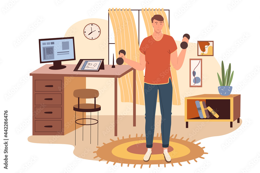 Workplace web concept. Man exercising with dumbbells at office. Freelancer or remote worker training sports in room with decor. People scenes template. Vector illustration of characters in flat design Workplace web concept. Man exercising with dumbbells at office. Freelancer or remote worker training sports in room with decor. People scenes template. Vector illustration of characters in flat design