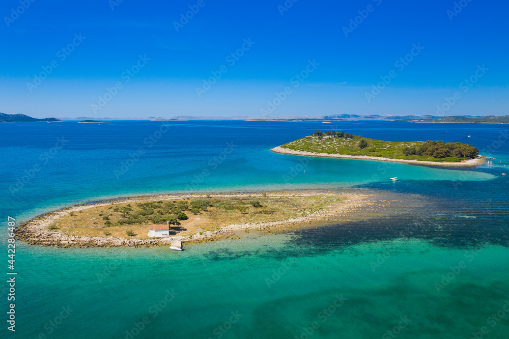 Aerial view of beautiful islands on Adriatic sea in Croatia, near town of Pakostane