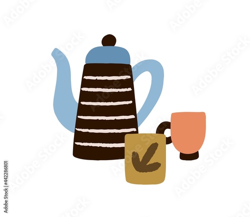 Teapot and cups. Composition of tea pot with long spout and teacups. Ceramic ...