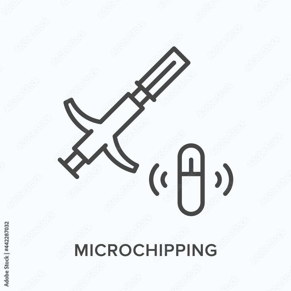 Microchipping flat line icon. Vector outline illustration of injector and chip. Black thin linear pictogram for vet equipment Microchipping flat line icon. Vector outline illustration of injector and chip. Black thin linear pictogram for vet equipment