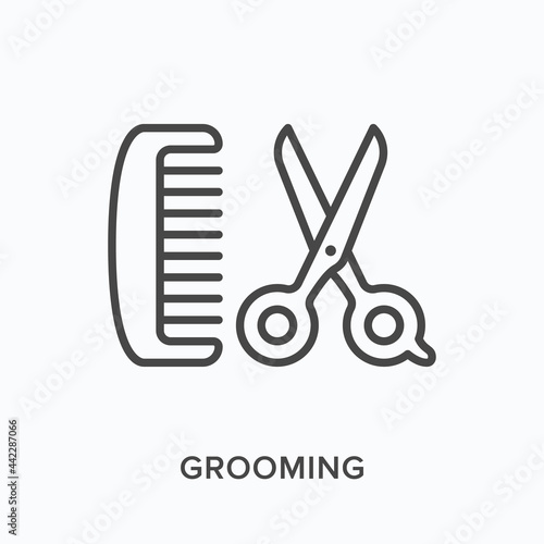 Grooming flat line icon. Vector outline illustration of scissors and hairbrush. Black thin linear pictogram for pet hairstyling