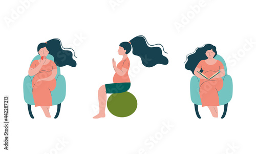 Pregnant Woman Lifestyle with Happy Expectant Mother During Pregnancy Sitting on Fitball and Reading Book in Armchair Vector Set