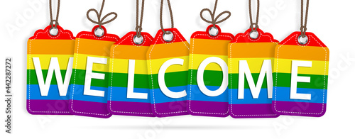 Welcome LGBT Rainbow Graphic Hanging Stickers Header, hanging on ropes.