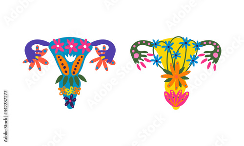 Uterus or Womb Arranged from Flowers and Plants as Healthy Female Reproductive System Organ Vector Set