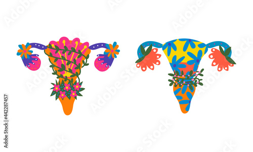 Uterus or Womb Arranged from Flowers and Plants as Healthy Female Reproductive System Organ Vector Set