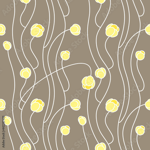 Seamless pattern with buds of yellow water lilies on a gray background. Fine lines intertwined in Modern style. Floral ornament for printing on fabric or wallpaper. 