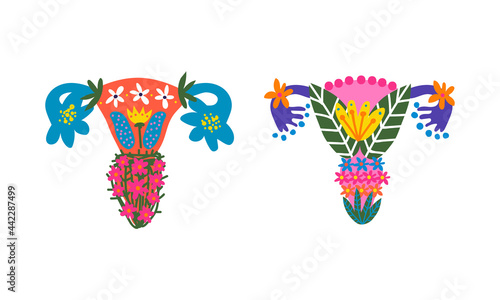 Uterus or Womb Arranged from Flowers and Plants as Healthy Female Reproductive System Organ Vector Set