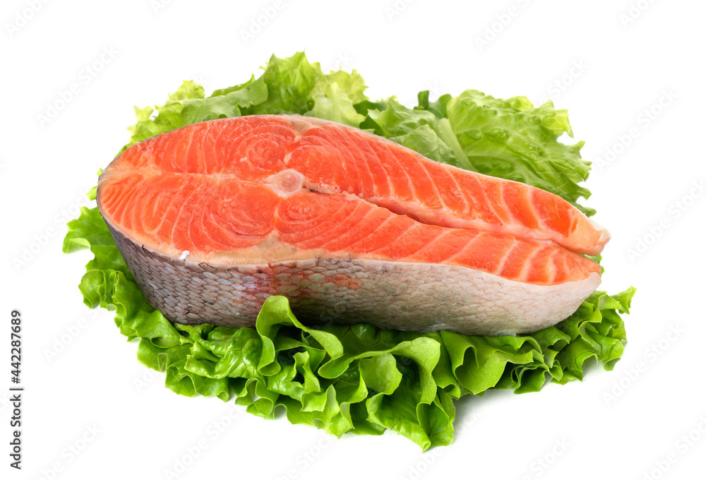salmon, trout, steak, slice of fresh raw fish, isolated on white background salmon, trout, steak, slice of fresh raw fish, isolated on white background