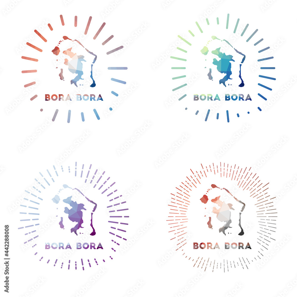Bora Bora low poly sunburst set. Logo of island in geometric polygonal style. Vector illustration. Bora Bora low poly sunburst set. Logo of island in geometric polygonal style. Vector illustration.