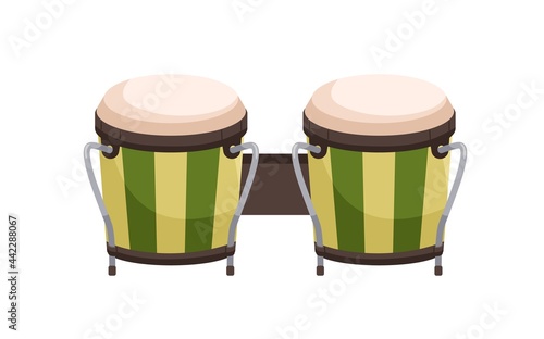 Paired bongos drum. African and Cuban percussion music instrument. Realistic folk object. Colored flat cartoon vector illustration isolated on white background