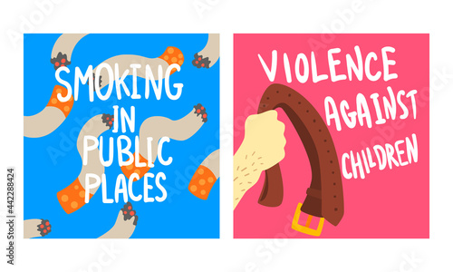 Social Problem Poster with Smoking in Public Place and Violence Against Children Vector Set
