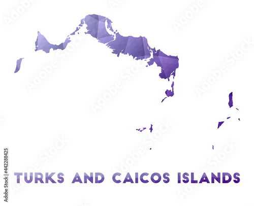 Map of Turks and Caicos Islands. Low poly illustration of the island. Purple geometric design. Polygonal vector illustration.