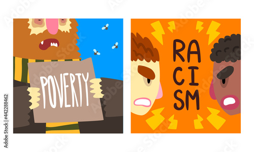 Social Problem Poster with Poverty and Racism Vector Set