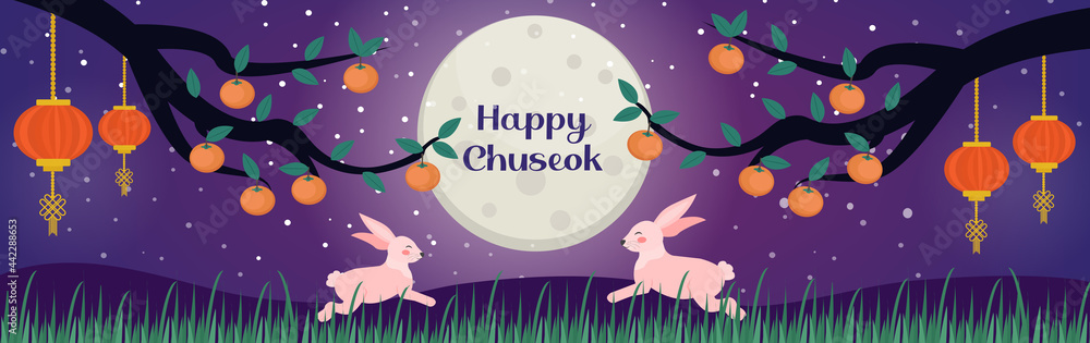 Happy Chuseok, Mid autumn festival card, poster template for your design. Persimmons Tree Branch and cute rabbits on the moon background, Korean Thanksgiving and Harvest Festival. Vector illustration.