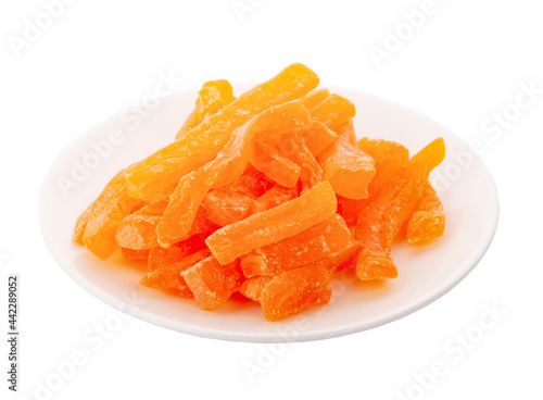 Dried papaya sticks over white background