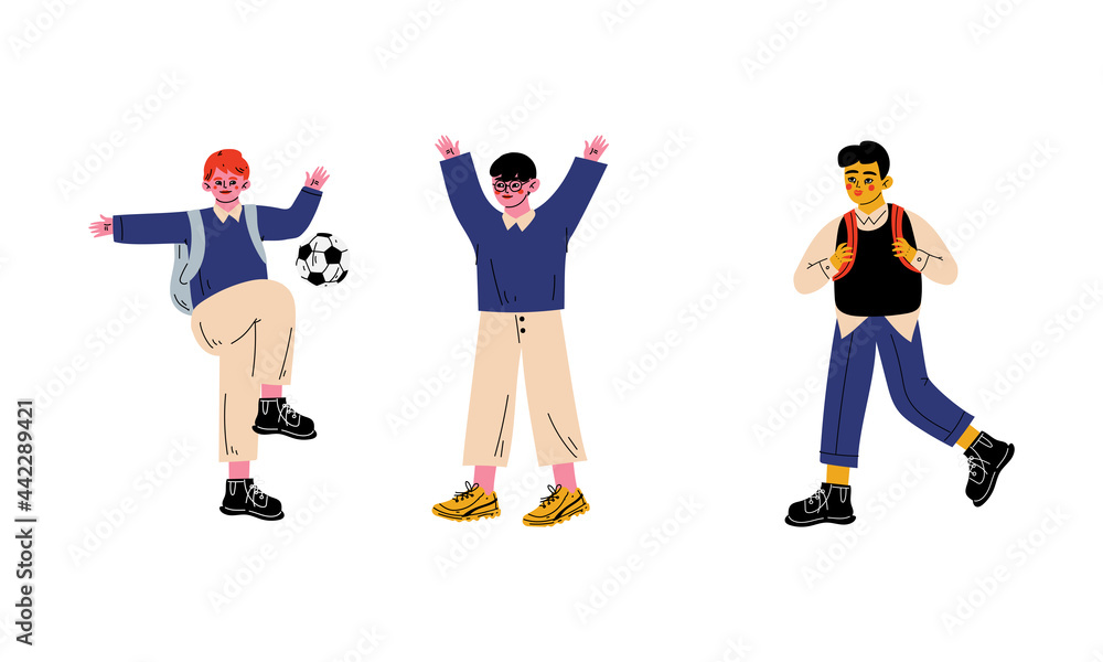 Boy with School Bag Playing Ball and Raising Hands Vector Set