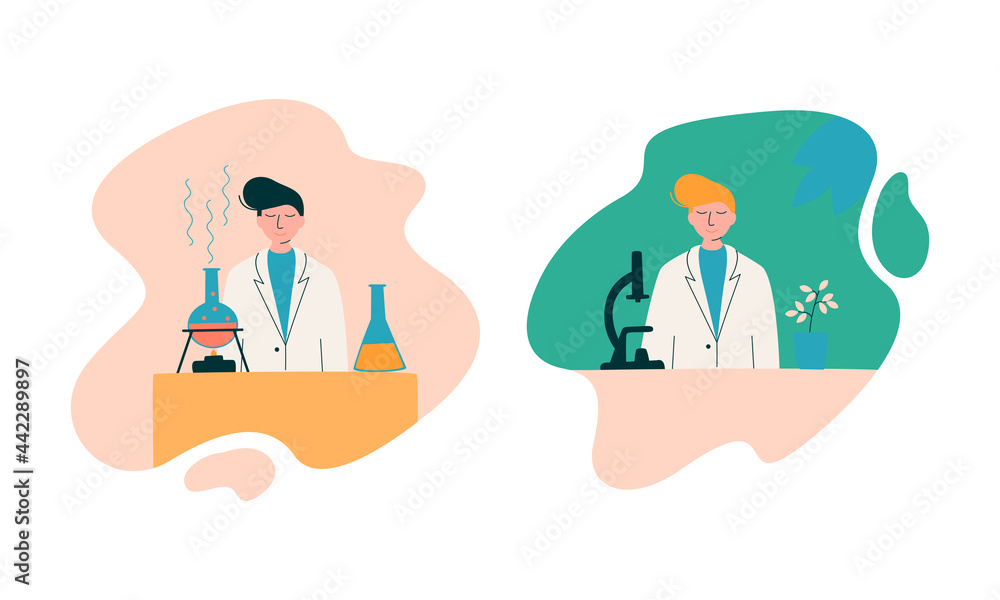 Man Scientist in Laboratory Coat Conducting Research and Investigation with Microscope and Flask with Chemical Substance Vector Set Man Scientist in Laboratory Coat Conducting Research and Investigation with Microscope and Flask with Chemical Substance Vector Set