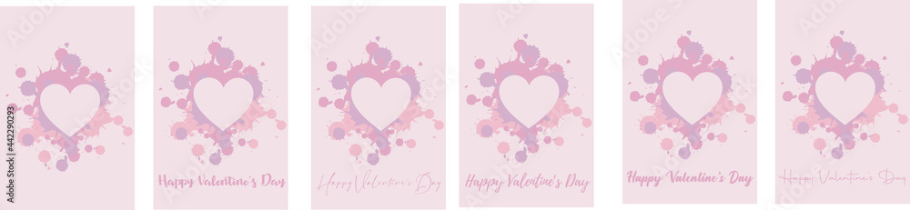 Collection of greeting card with text Happy Valentine's Day. Colored blots and a heart on a pink background