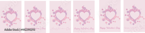 Collection of greeting card with text Happy Valentine's Day. Colored blots and a heart on a pink background