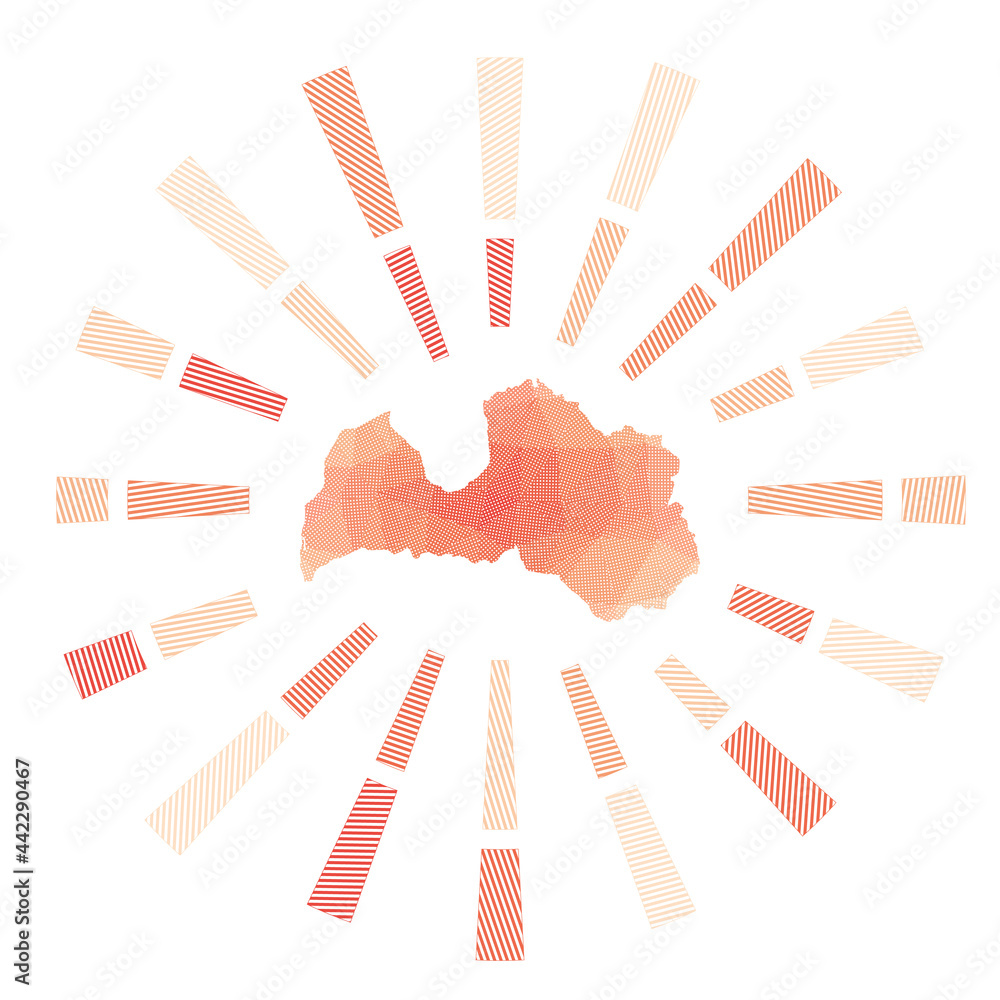 Fototapeta premium Latvia sunburst. Low poly striped rays and map of the country. Elegant vector illustration.