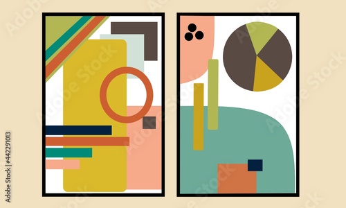 Set two of abstract Geometric mid century modern wall art. Geometry shapes wall decor. Minimalist wall Decorations. Home Decorations interior background Wallpaper poster social media greetings cards.