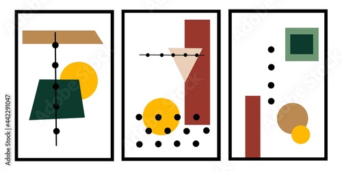 Set three of abstract Geometric mid century modern wall art. Geometry shapes wall decor. Minimalist wall Decorations. Home Decorations interior background Wallpaper poster social media cards.