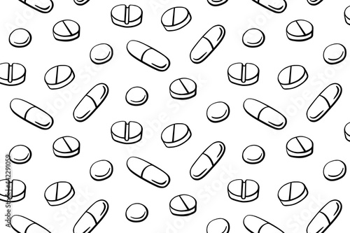 Seamless pattern with medicines, capsules, medicaments, drugs, pills and tablets. Medical pharmacy backgrounds and textures. Vector EPS10 illustration in doodle style