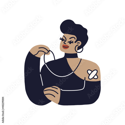 Young modern woman vaccinated from covid in a black evening dress. Kiss me - I'm vaccinated. Vector fully editable isolated illustration on white background.