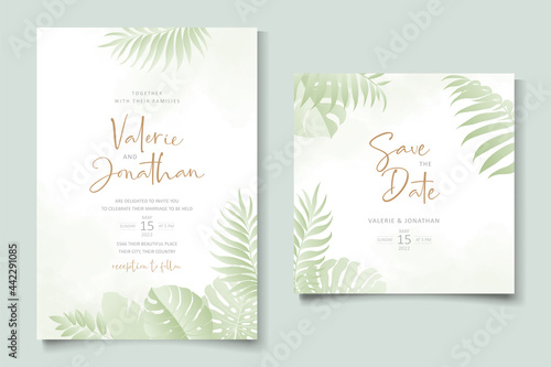 Summer wedding card design with tropical leaf ornament