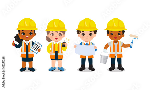 Children occupation clip art. Team of engineer and builder. Flat vector character cartoon design