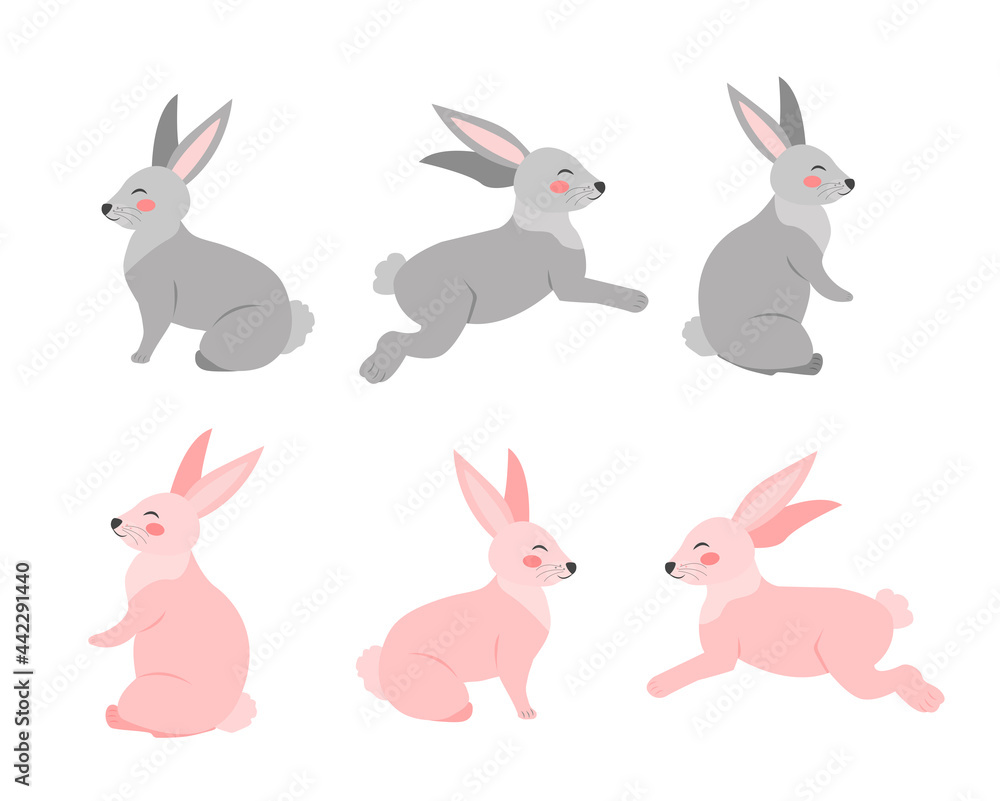 Set of rabbits in different poses flat cartoon style. Bunny on a white background. Vector illustration clip art