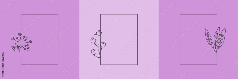 Set Hand Drawn floral Organic grass, Leaves and flower with purple rectangle frame, Decorative Leaf element. Line art Vector Illustration for social media, wedding, invitation, logo, cosmetic Set Hand Drawn floral Organic grass, Leaves and flower with purple rectangle frame, Decorative Leaf element. Line art Vector Illustration for social media, wedding, invitation, logo, cosmetic