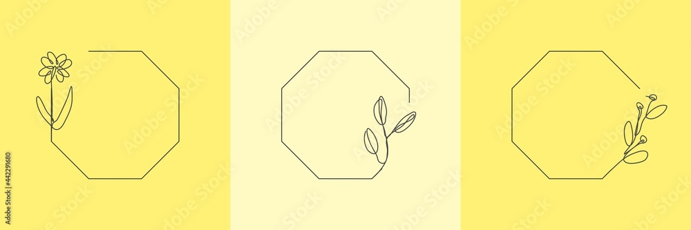 Set Hand Drawn floral Organic grass, Leaves and flower with octagon frame, Decorative Leaf element. Line art Vector Illustration for social media, wedding, invitation, logo, cosmetic Set Hand Drawn floral Organic grass, Leaves and flower with octagon frame, Decorative Leaf element. Line art Vector Illustration for social media, wedding, invitation, logo, cosmetic
