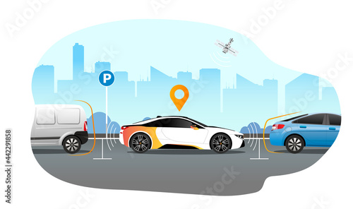 Smart car parking technology concept. Self-driving car with sensors automatically parked in parking lot. Self-parking car system. Vector illustration.