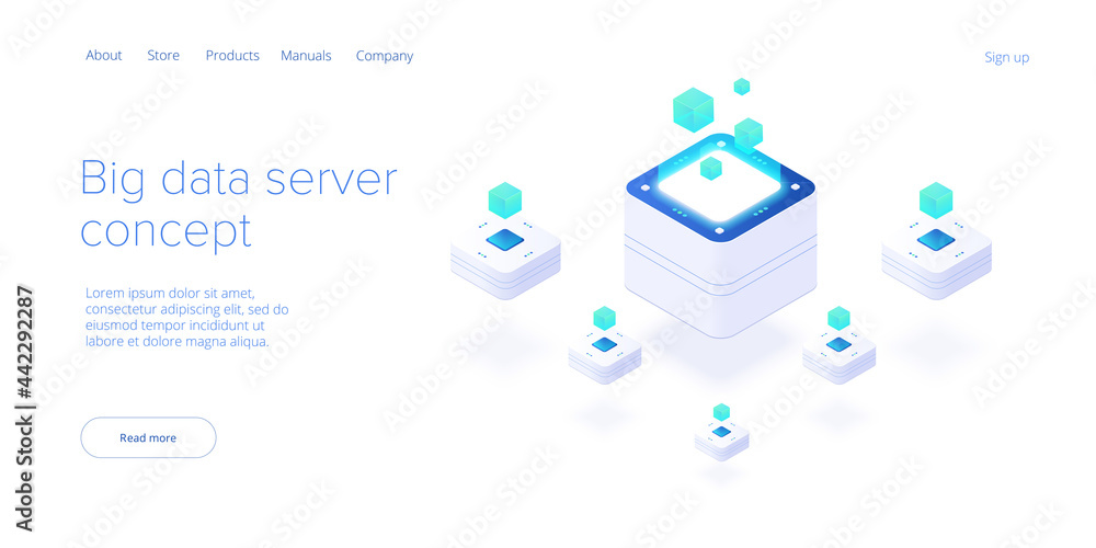 © Graf Vishenka - Big data technology in isometric vector illustration. Information storage and analysis system. Digital technology website landing page template.