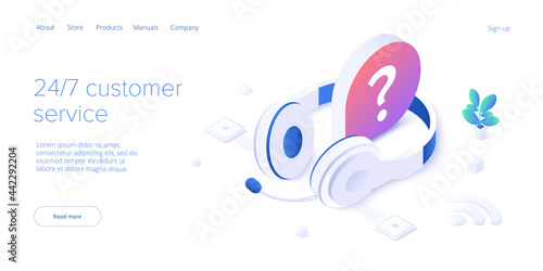 24/7 service concept or call center in isometric vector illustration. 24 7 round the clock or nonstop customer support background. Mobile self-service layout template for web banner. photo