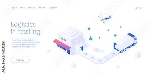 Online retail store transportation in isometric vector design. Shop delivery service and truck logistics concept. Market supply chain and shipment. Web banner layout template. photo