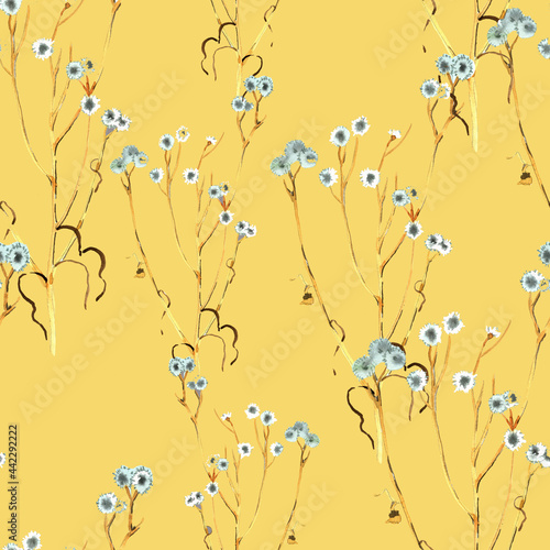 Yellow dry grass watercolor on yellow background seamless pattern for all prints.
